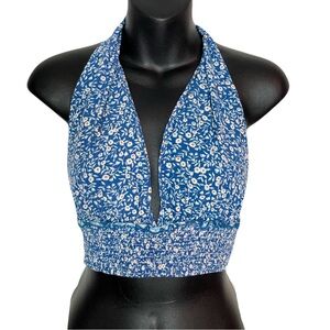 SHEIN Blue Floral Halter Tie Back Crop Top